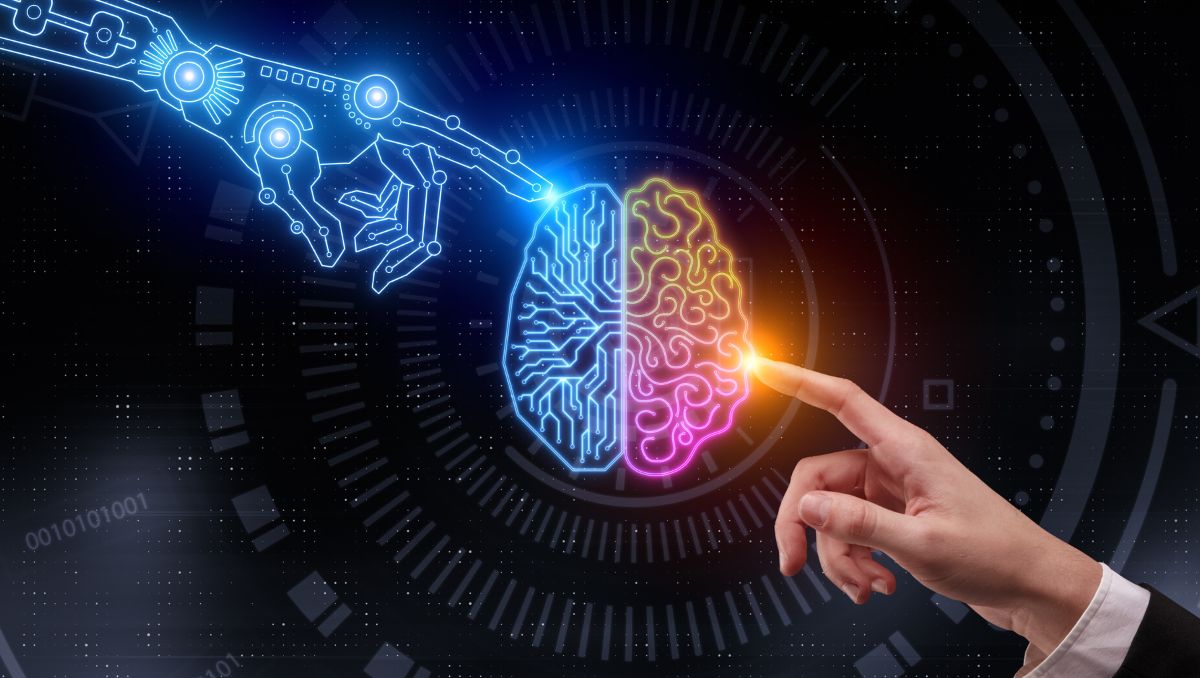 图片展示了一只手指触碰发光的人工智能大脑图标，象征着人类与高科技的互动，背景是数字化和科技元素。