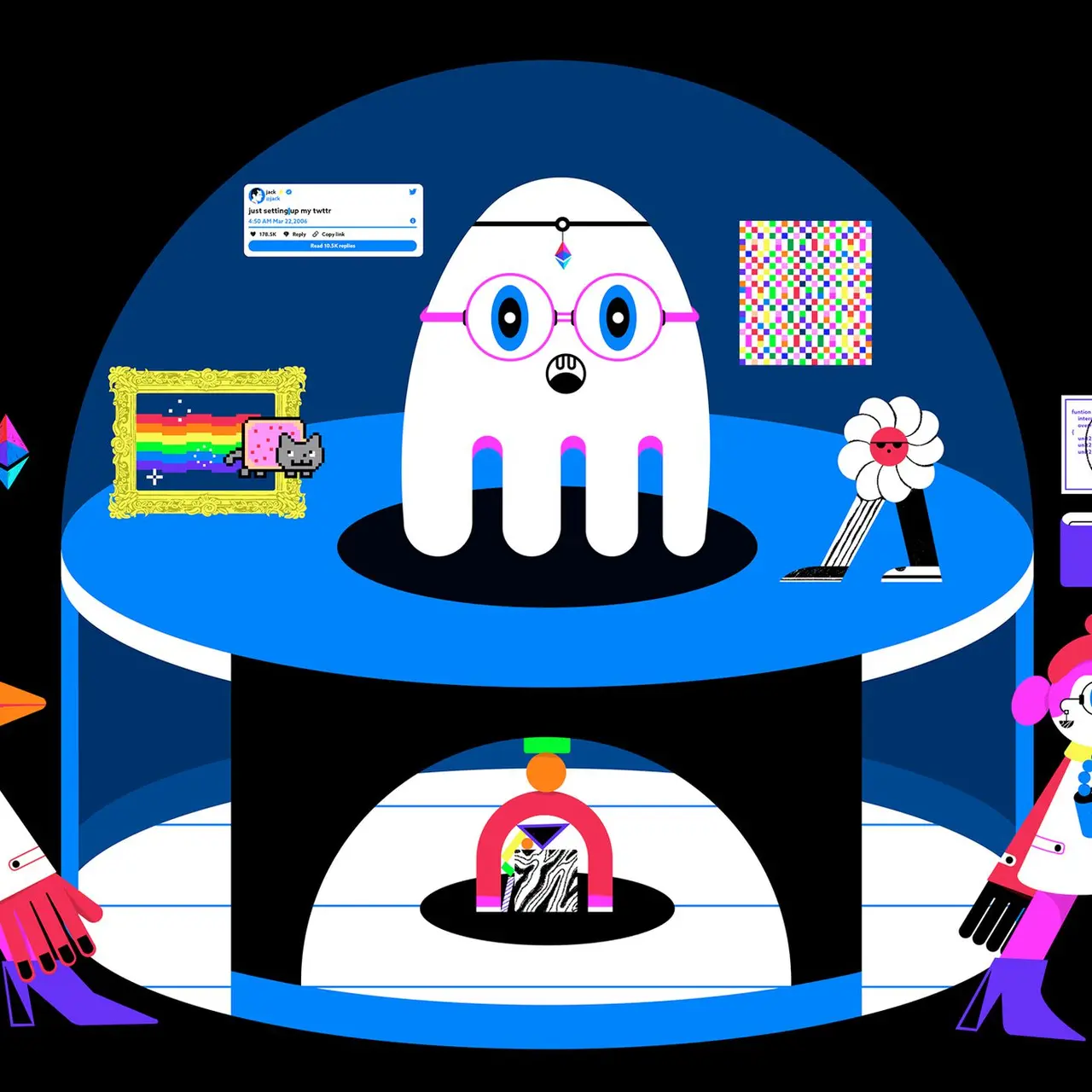 这是一张卡通风格的插画，展示了一个戴眼镜的怪兽坐在中央，周围有彩色的装饰和其他小怪兽。