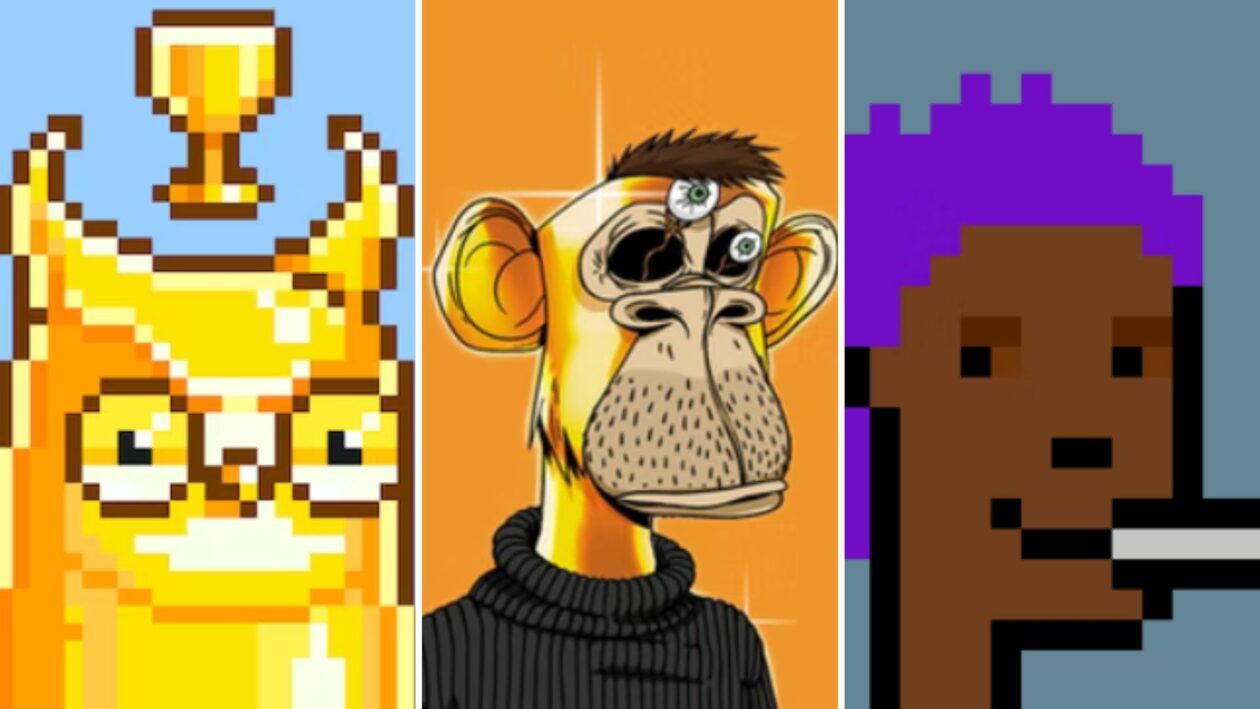 图片展示了三个不同风格的插图：左边是金色的奖杯和黄色背景，中间是穿黑衣的卡通猴子，右边是像素风格的人物侧脸。