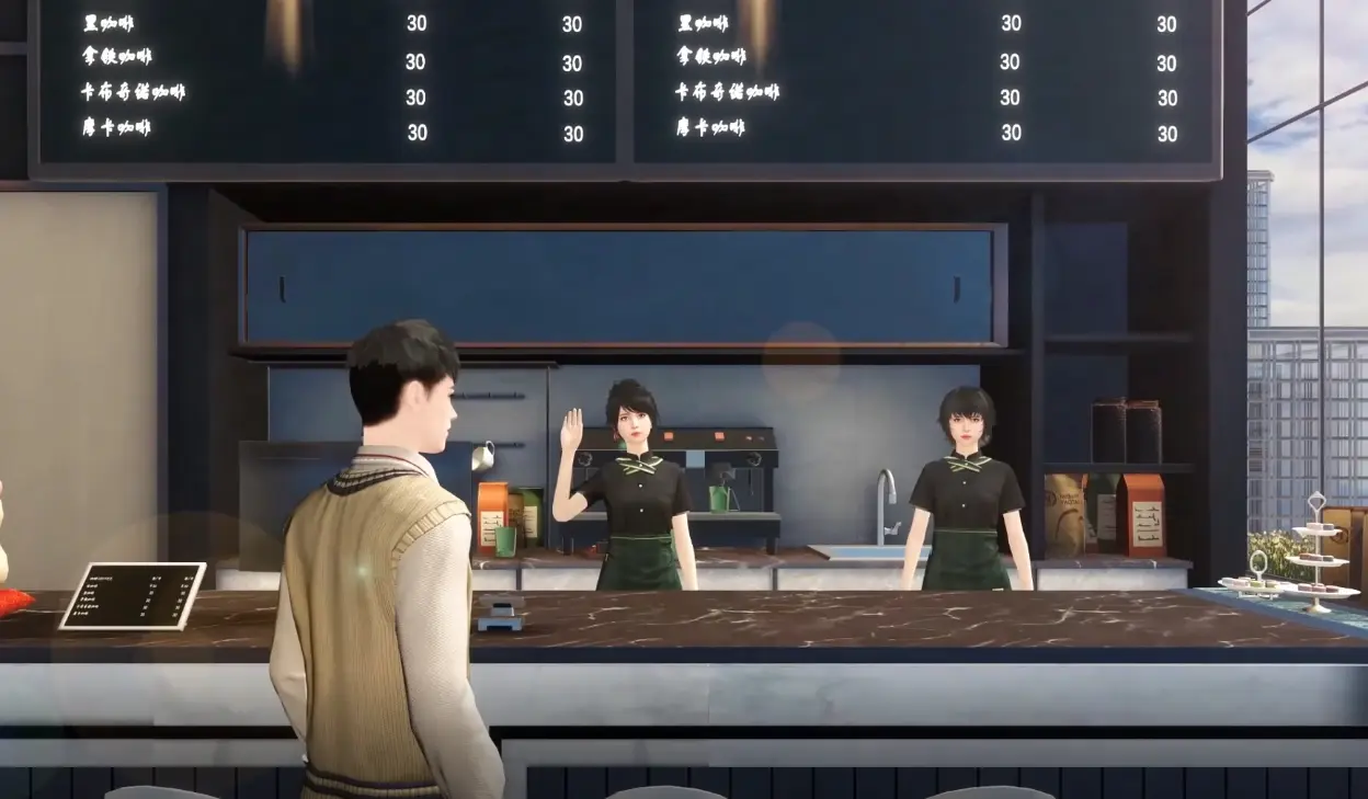 图片展示了一位男性顾客正站在一家现代风格咖啡店的柜台前，两位女性店员在柜台后面微笑着迎接他。