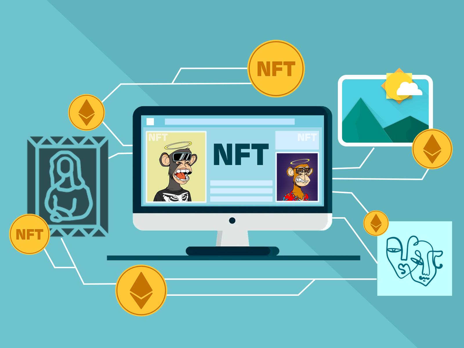 这是一张描绘NFT（非同质化代币）的概念图，展示了电脑屏幕上的NFT艺术品和周围的加密货币符号。