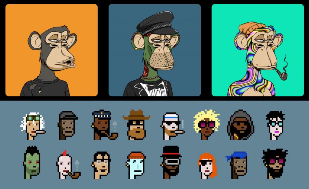 图片展示了多个卡通风格的猴子头像，有不同的表情、服饰和背景色，下方是像素艺术风格的小头像。