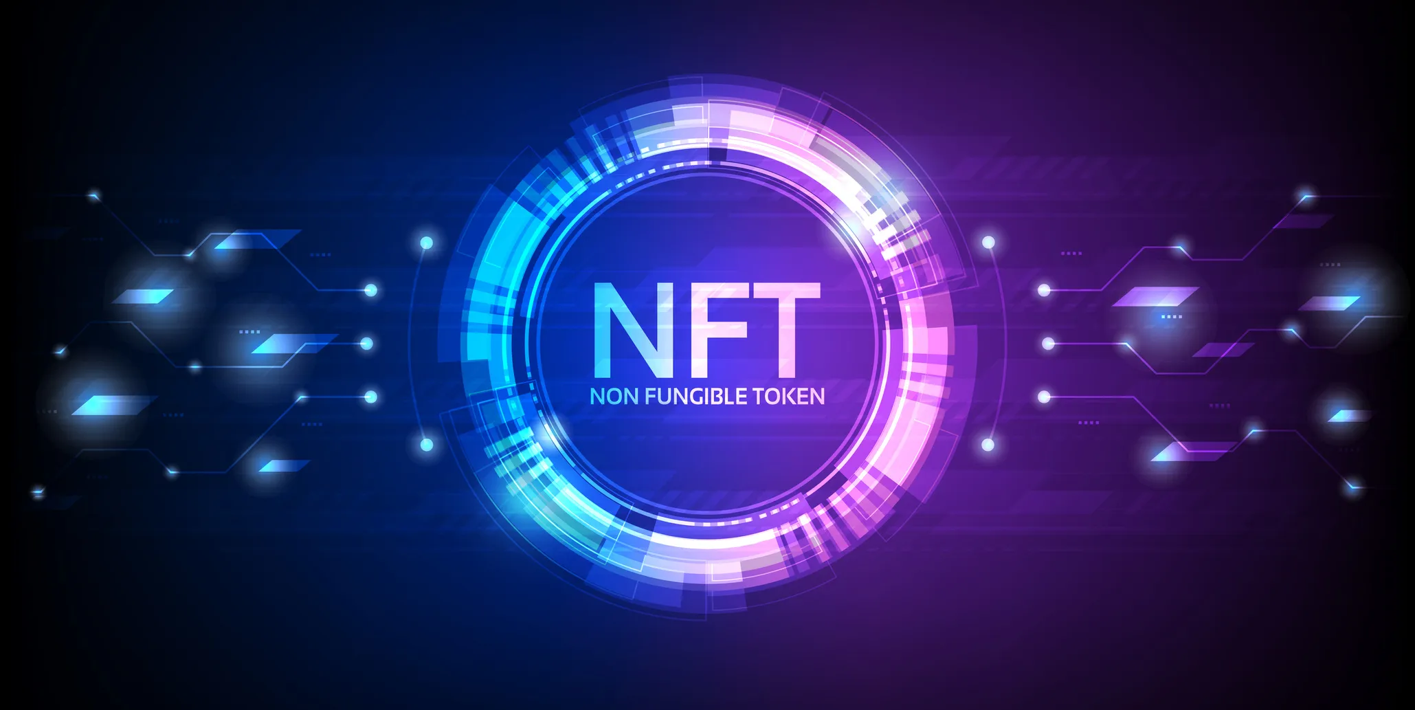 这是一张展示“NFT 非同质化代币”概念的图片，以蓝紫色调为主，图中有光环和数字元素，科技感强。