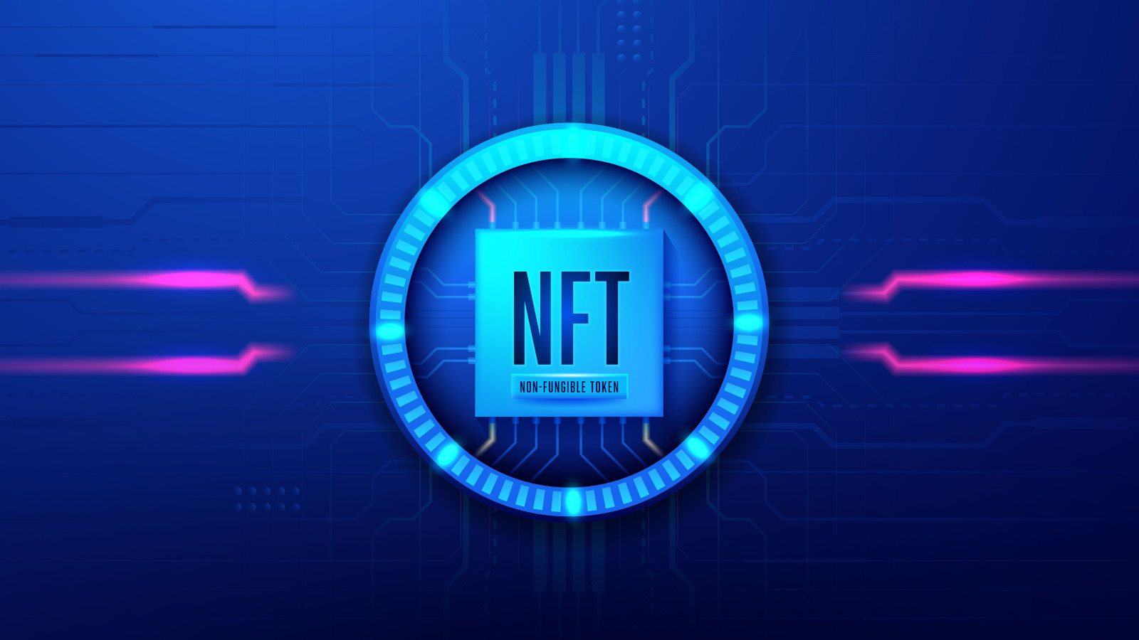 这是一张描绘非同质化代币（NFT）的图片，展示了蓝色调的NFT标志，背景是充满数字感的电路板图案。