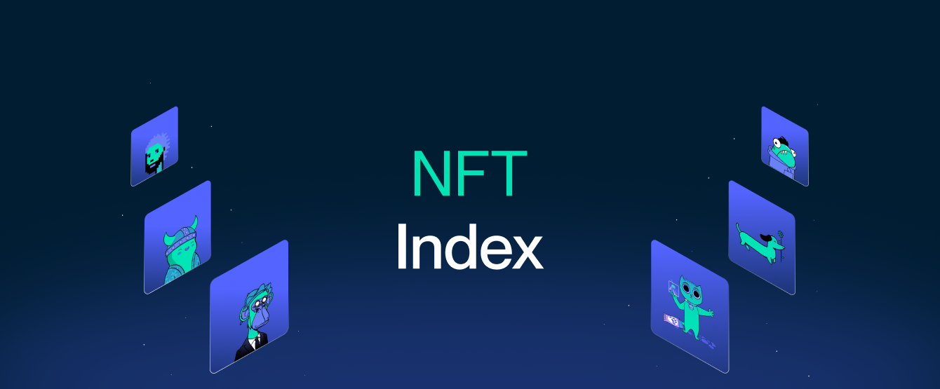 图片展示了五个漂浮的屏幕，屏幕上显示着独角兽图案的NFT艺术作品，背景是深蓝色，正中写有“NFT Index”字样。
