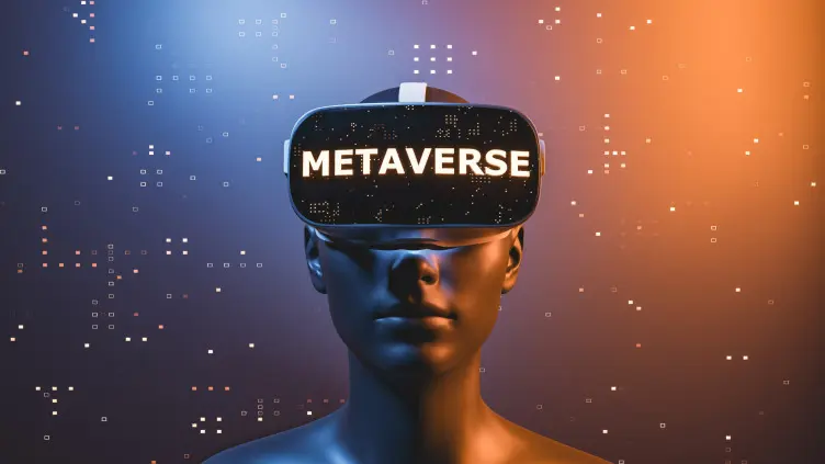 图片展示了一个戴着写有“元宇宙”字样虚拟现实头盔的人类模型，背景是暗色调中带有光点，给人科技感和未来感。