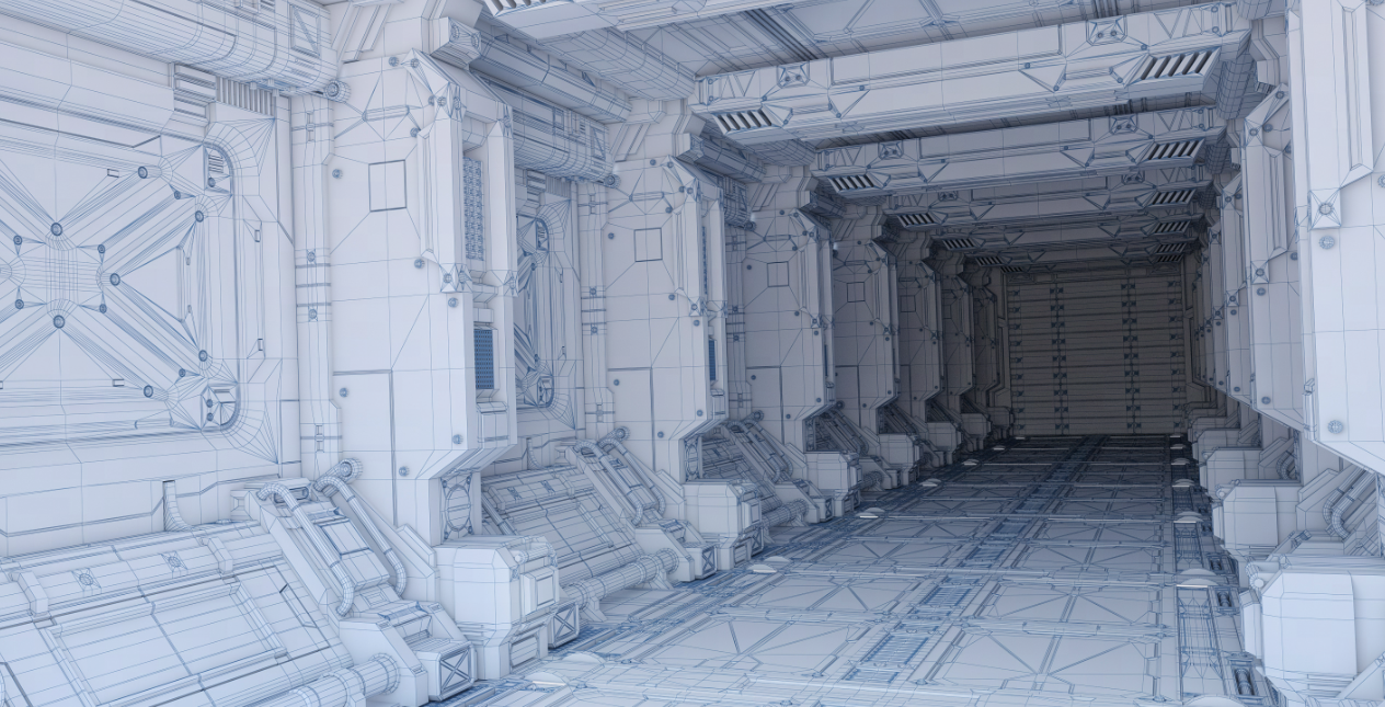 这是一张风格现代的宇宙飞船内部走廊的3D建模图，墙面和地板设计复杂，色调以蓝白为主，科幻感十足。