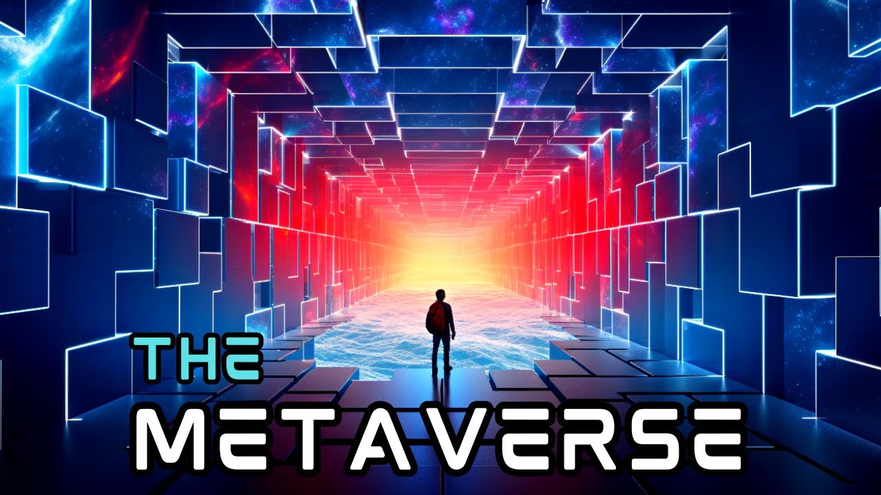 图片展示一人站在充满未来感的虚拟空间通道中，通道两旁是蓝色光墙，前方是耀眼的红色光芒，标题写着“THE METAVERSE”。