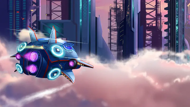 图片展示了一艘未来风格的飞船在高耸的摩天大楼和云层之间飞行，周围环境呈现紫色调，科幻感十足。