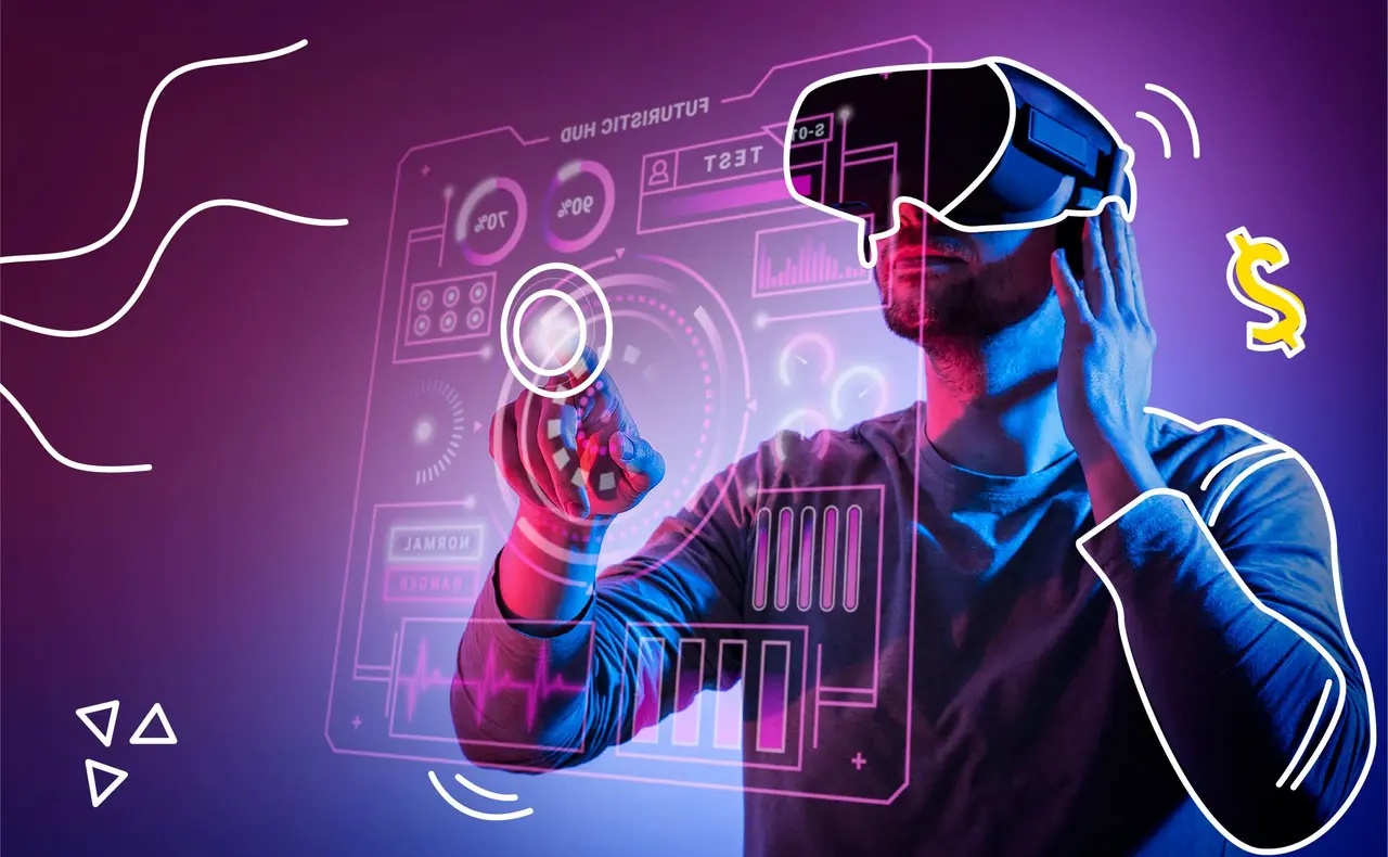图片展示一位男士戴着虚拟现实头盔，正用手持设备操作虚构的未来科技界面，背景是紫色调，显现出科技感。