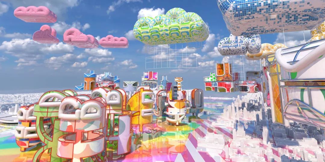 这张图片展示了一个色彩斑斓的虚拟城市景观，有云朵、建筑和结构都采用了非现实的设计和亮丽的色彩。