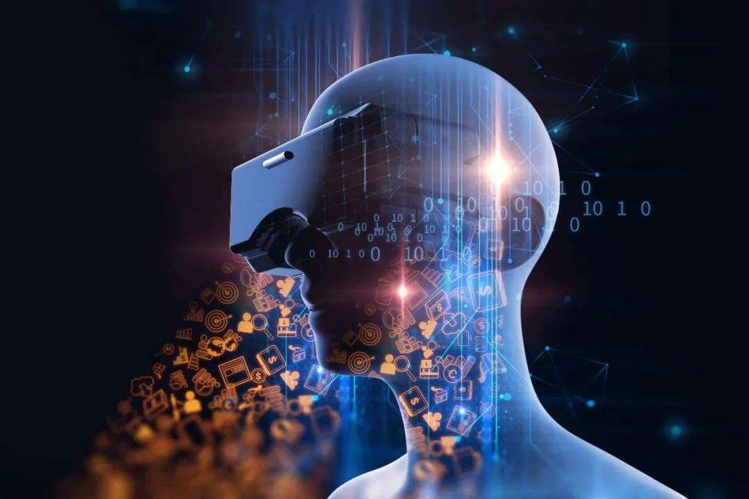 这张图片展示了一个穿着虚拟现实头盔的人类轮廓，周围充满数字和符号，暗示了科技与人工智能的融合。