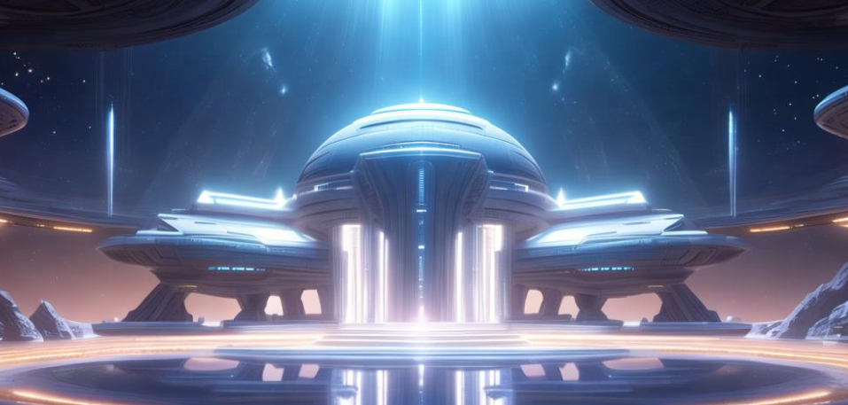 这是一幅科幻风格的图画，展示了一座未来感十足的宇宙飞船或空间站，周围环绕着星光和神秘的蓝色光芒。