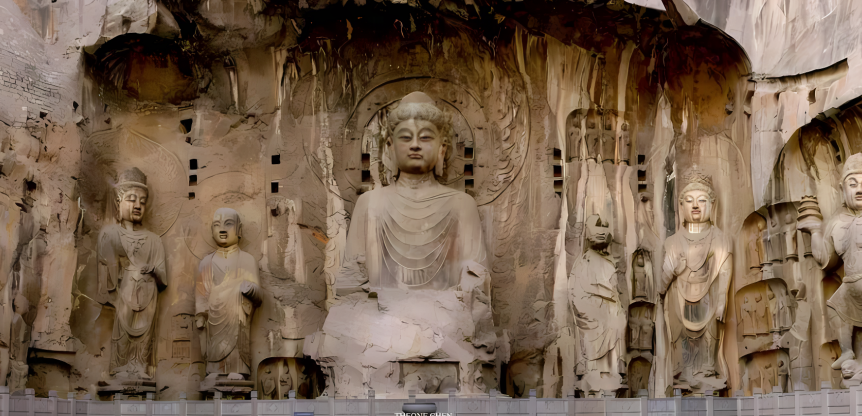 这张图片展示了雕刻精美的佛像群，位于岩石洞窟中，表现出古代宗教艺术和雕塑技艺。