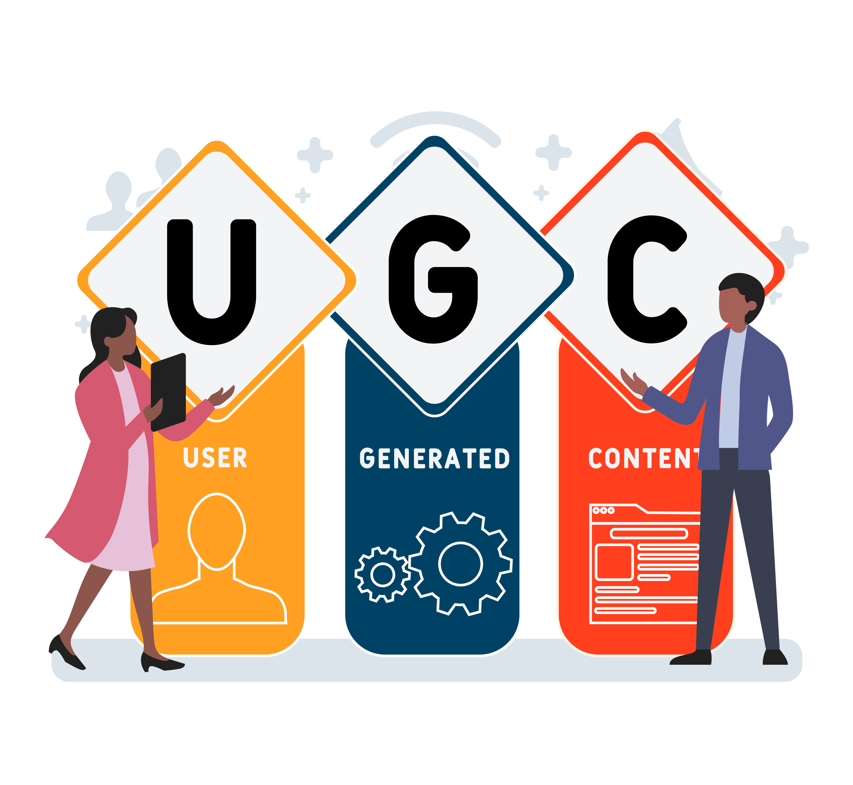 图片展示两位卡通人物，分别站在标有“UGC”字样的符号旁，代表“用户生成内容”。背景有装饰性图形。