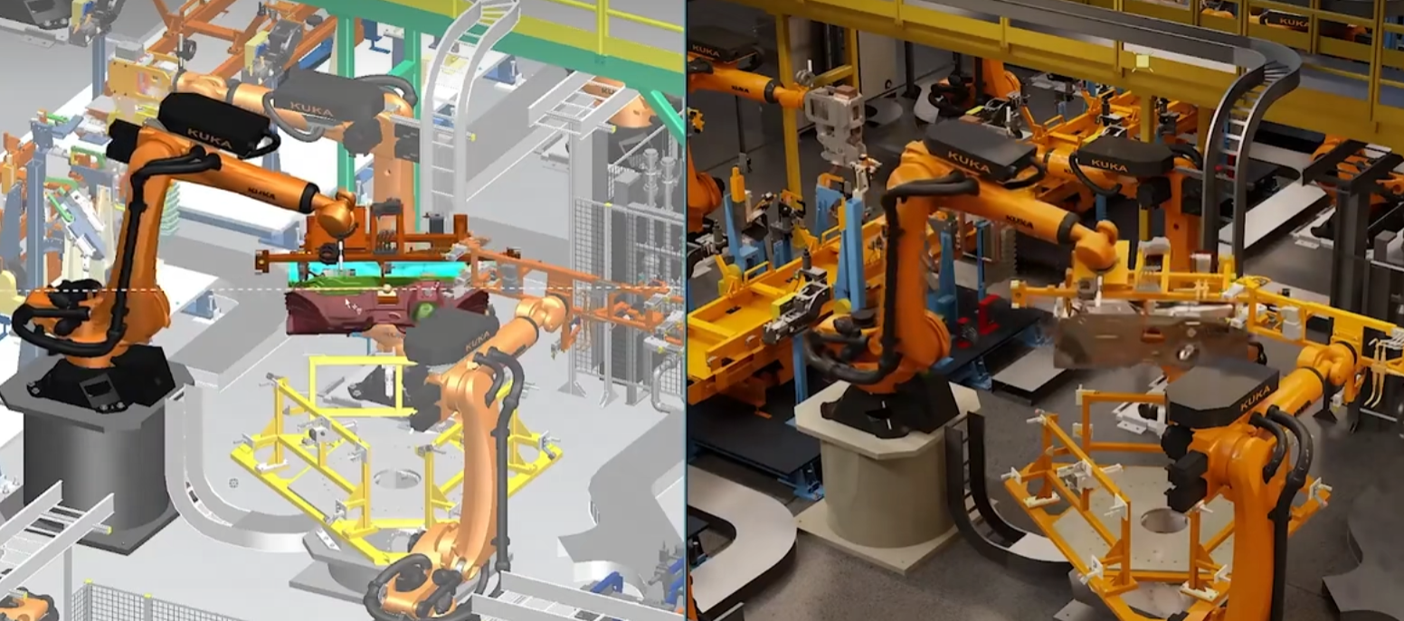这是一张工业机器人在自动化生产线上作业的图片，机械臂正忙于组装或搬运零件，展现现代制造业的自动化技术。