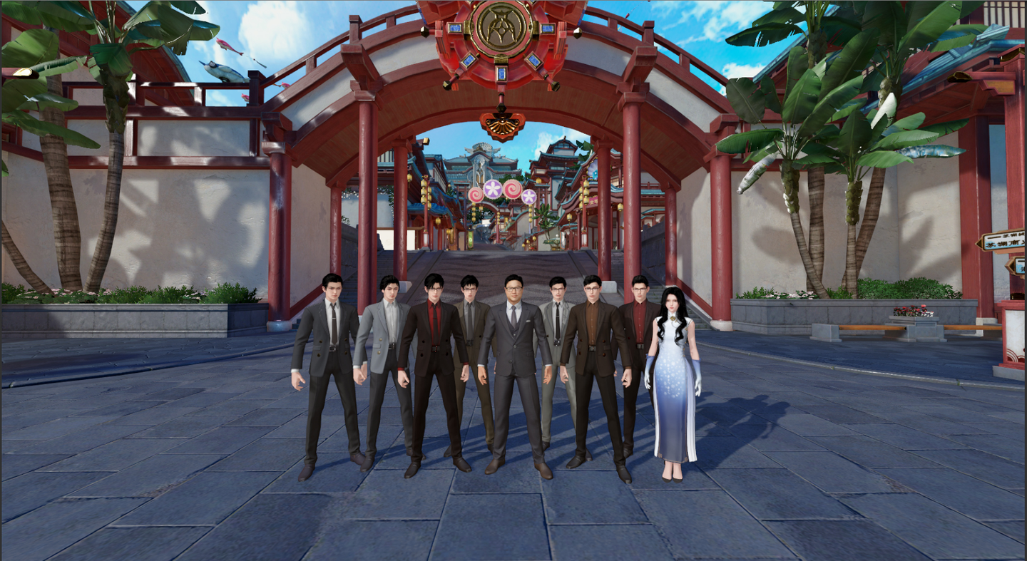图片展示了八个穿正装的动漫风格角色站在一座装饰华丽的红色拱门前，背后是一条街道和节日装饰，氛围喜庆。