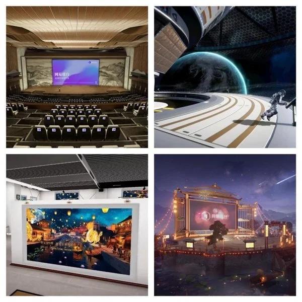 图片展示了四个不同场景：一个空旷的电影院，一个太空舱室内的宇航员，一个带有星空装饰的室内空间，以及一个华丽照明的建筑物外观。