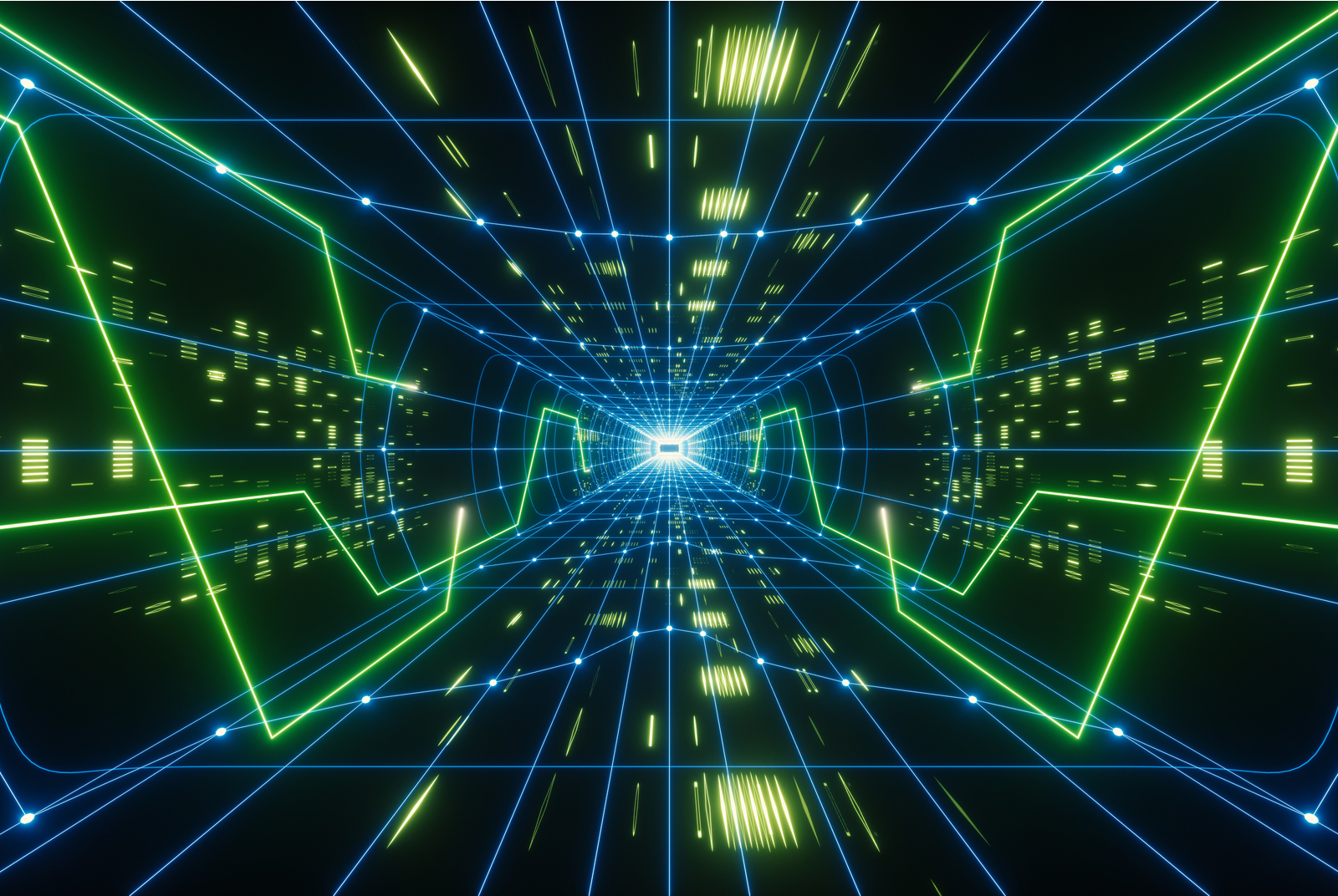 这是一张数字化的科幻风格图片，展示了呈放射状的蓝绿色光线通道，中心有光点，给人以高速穿梭在数据空间的视觉效果。