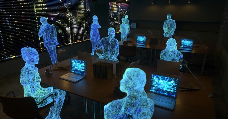 图片展示了多个透明的数字人类模型坐在电脑前，背景是充满彩色光点的黑色墙面，科技感十足。