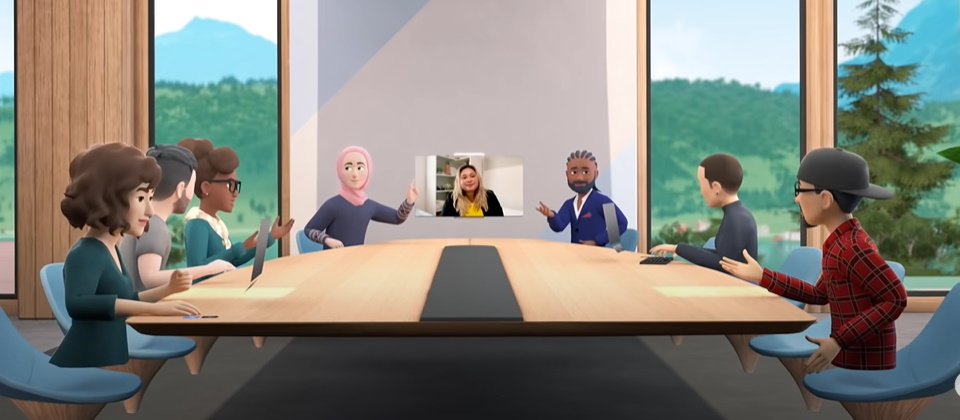 图片展示了一群卡通风格的虚拟角色围坐在会议室桌子旁，仿佛正在进行一次虚拟会议或交流。