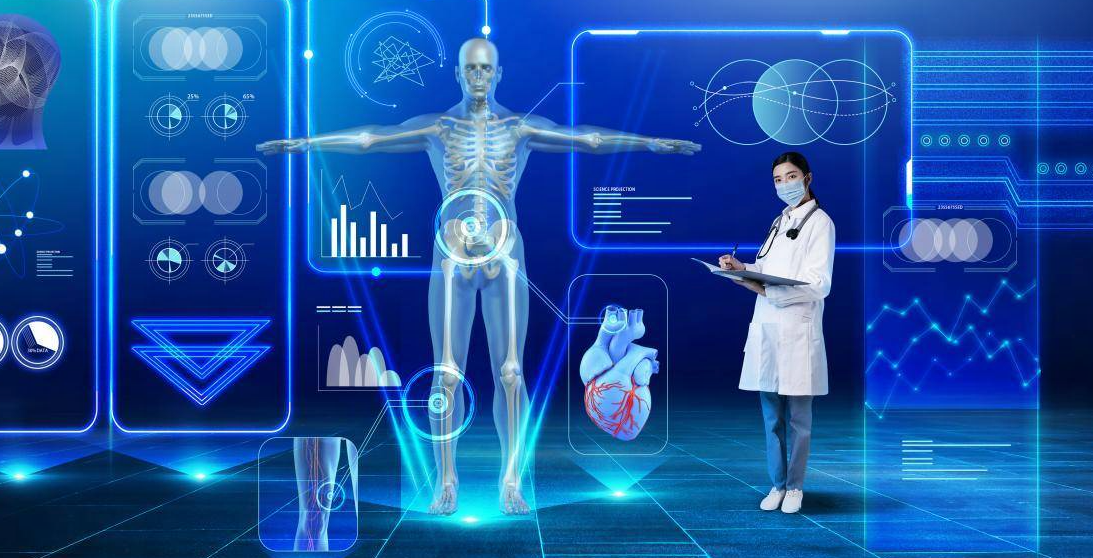 图片展示了一位穿着白大褂、戴着口罩的医生，站在充满未来科技感的虚拟显示屏前，屏幕上显示着人体骨骼和器官的3D图像。