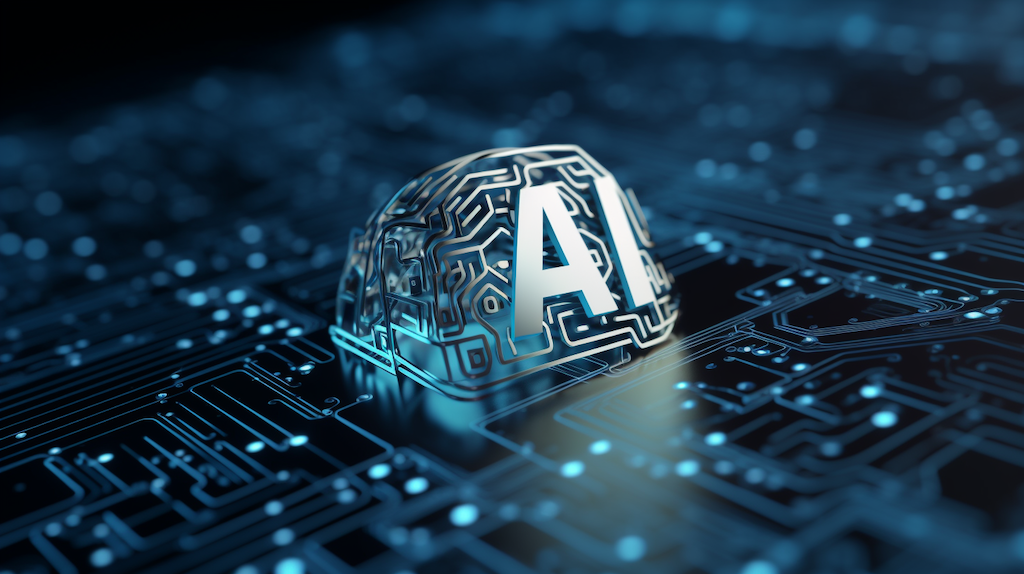 这是一张展示人工智能（AI）概念的图片，图中有一个电路板上的3D脑形图案，上面写有“AI”字样，体现了科技和智能的结合。