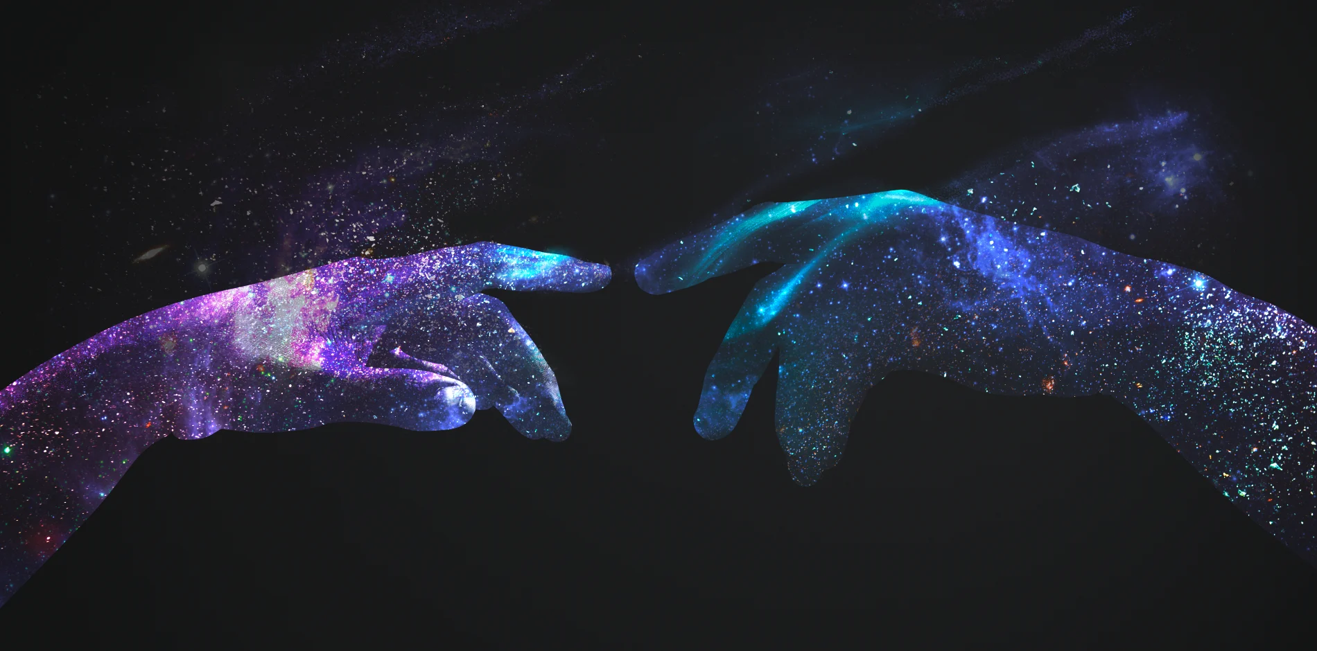 图片展示了两只手指尖相对，它们被星系般的光芒包围，给人以宇宙和神秘的联想，颇有创意和艺术美感。