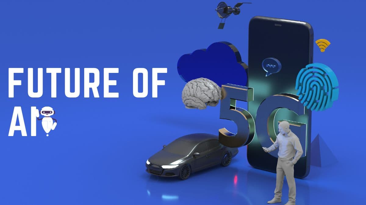 图片展示了“AI 未来”的概念，包含5G标志、大脑、汽车和手机等科技元素，强调人工智能的发展和影响。
