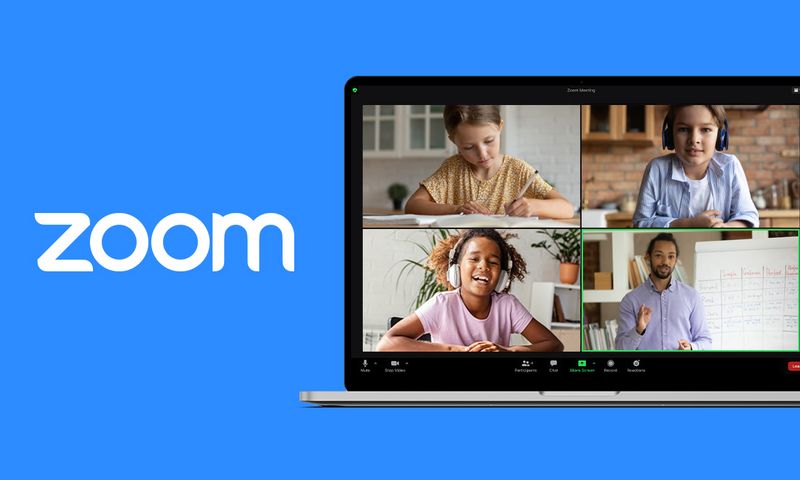 这是一张展示Zoom视频会议的图片，其中包括四个屏幕分割，显示不同人物正在进行远程交流，背景有Zoom的标志。