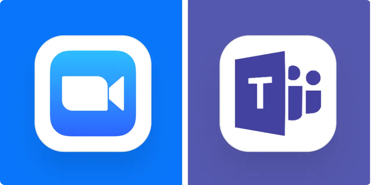 这是两个应用程序图标，左边是蓝色背景上的视频会议图标，右边是紫色背景上的团队协作工具图标。