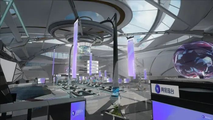 这是一张展现未来风格机场候机大厅的图片，内部设计现代，色彩以白色和紫色为主，中央有巨大宝石状装饰。