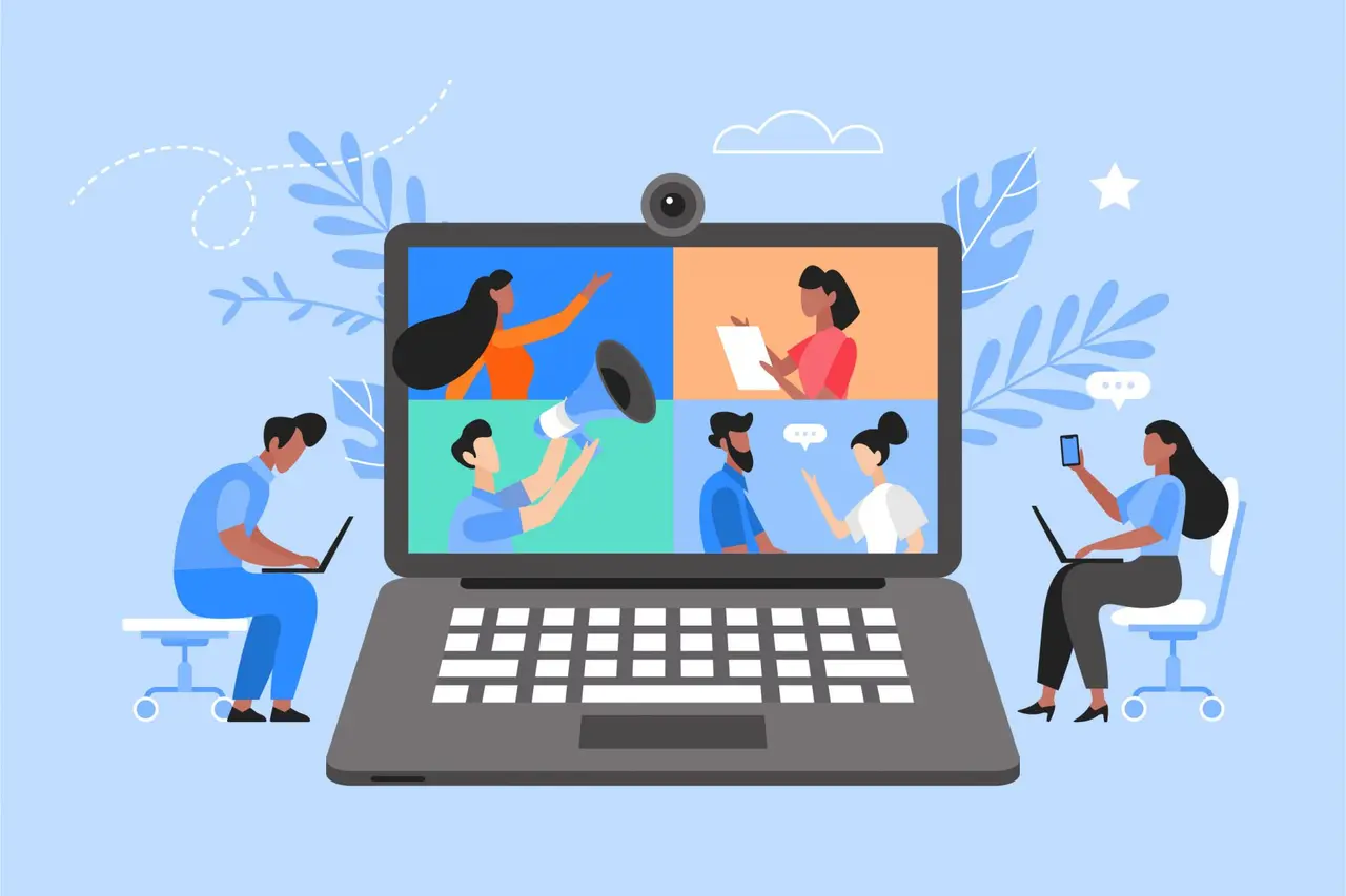 这是一张描绘在线视频会议的插画。电脑屏幕上显示多人交流，各自从不同地点参与，展现了现代远程工作和沟通的一种常见方式。