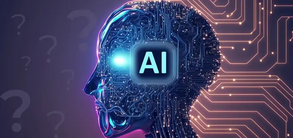 这是一张展示人工智能概念的图片，图中有一个电路板构成的人脑轮廓，中间镶嵌着“AI”字样，背景是紫色调，周围有问号符号。