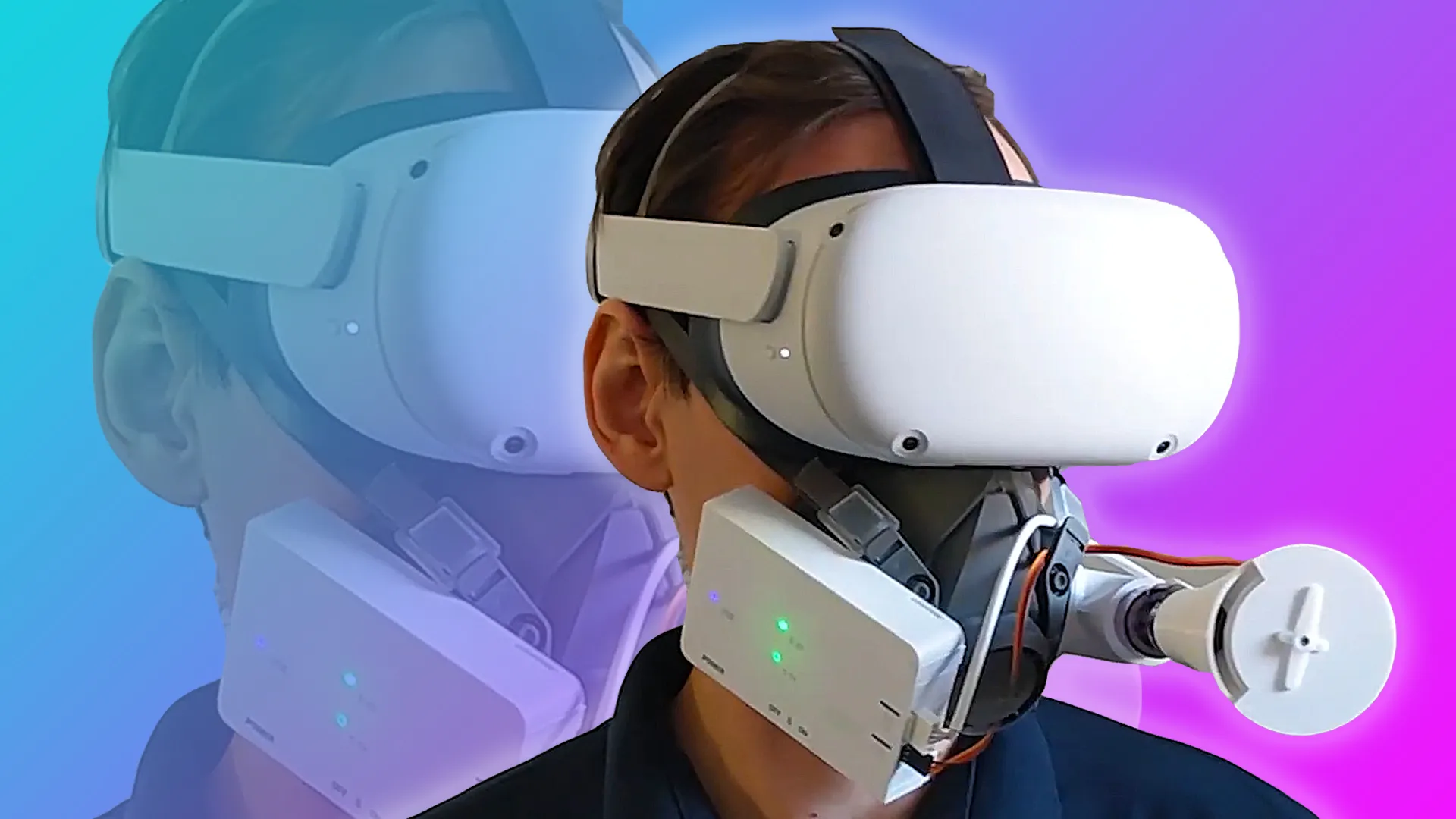 图片展示一位佩戴着虚拟现实头盔的人，背景是紫色和蓝色渐变，科技感强烈，未来感十足。
