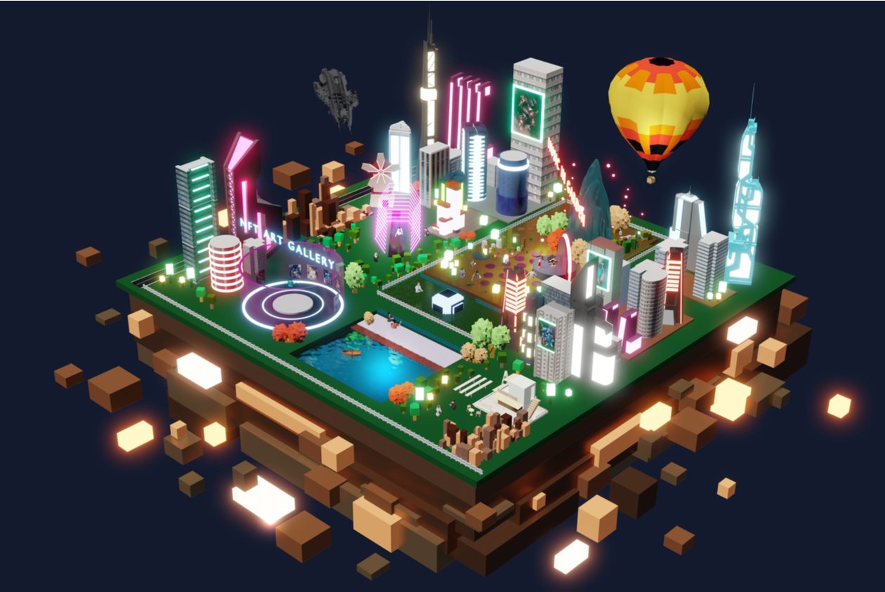 这是一张浮空岛屿的插画，上面有现代化建筑群、绿地、道路和一个热气球，整体色彩鲜艳，充满未来感。