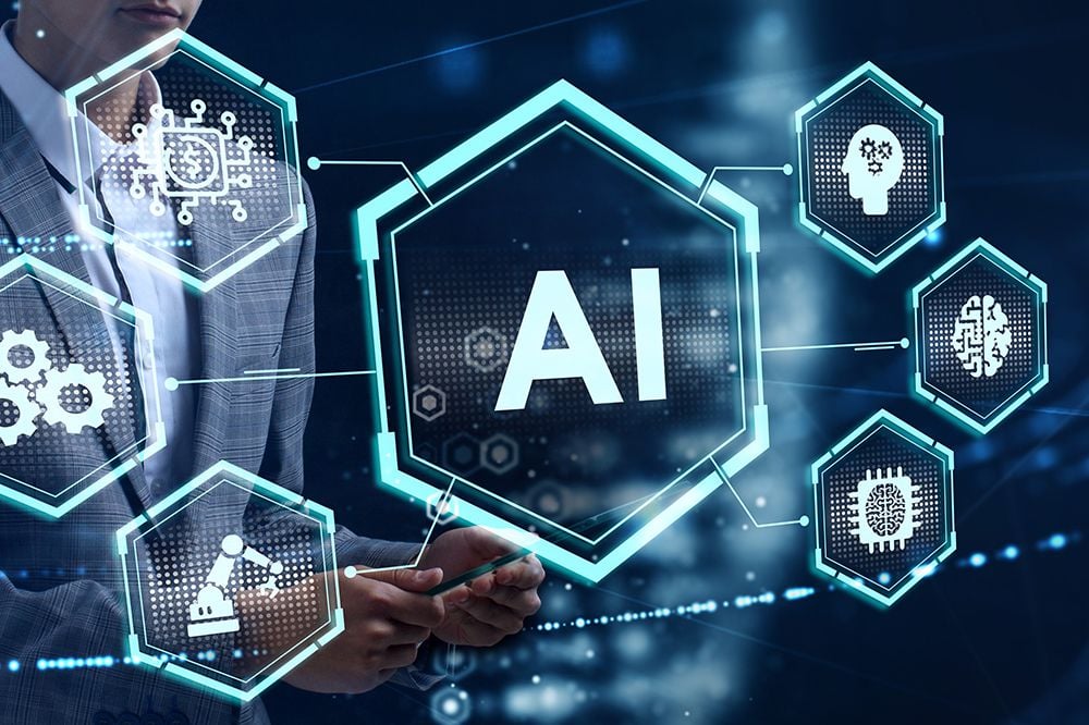 图片展示一位商务人士触摸虚拟界面，界面上显示“AI”字样及与人工智能相关的多个图标，如大脑和齿轮等符号。