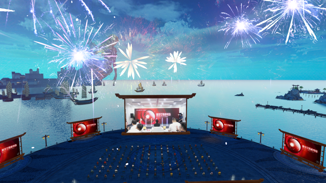 这是一张游戏或虚拟环境中的烟花表演图片，有船只、水面和一个观看台，环境显得庆祝气氛浓厚。