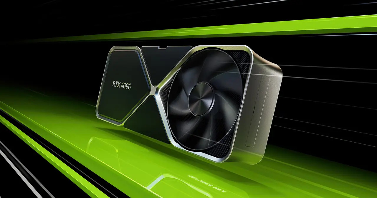 这是一张NVIDIA RTX 4090显卡的宣传图片，显示了其先进的设计，绿色光线强调了高性能和速度。