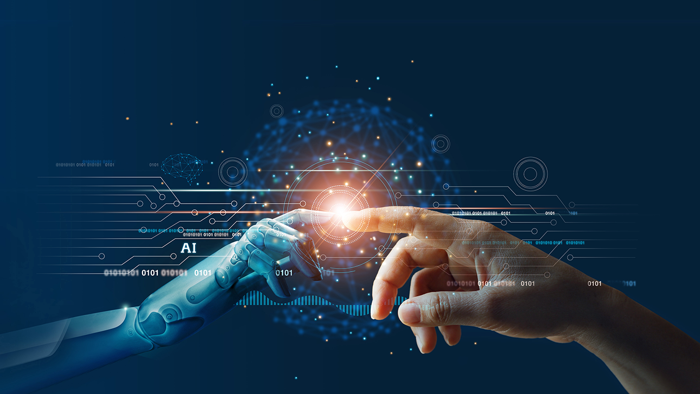 图片展示了人类手指与机器人手指相触，背景是蓝色科技感图案和AI字样，象征人工智能技术的交互与融合。