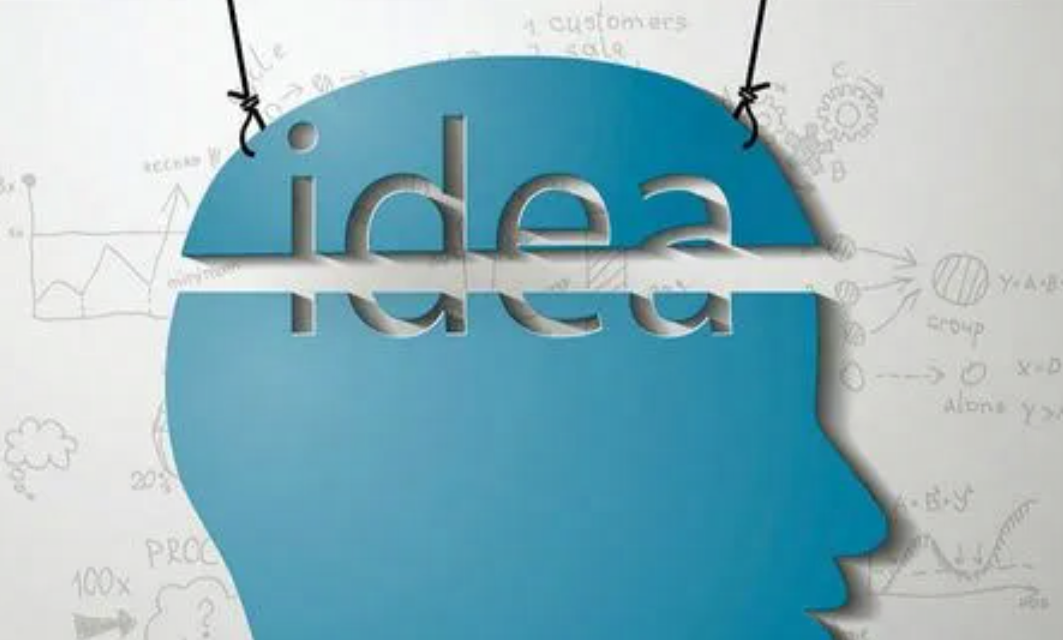 这张图片展示了一个剪影人头形状的图案，内有英文单词“idea”，背景是涂鸦式的商业和创意相关图案和文字。