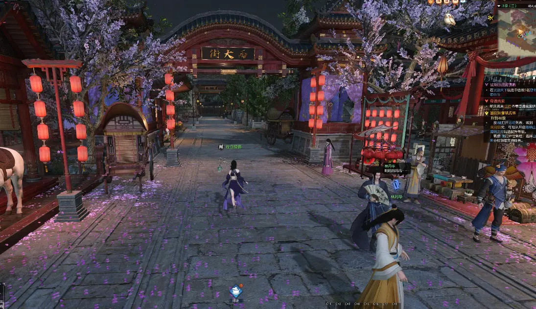 图片展示了一款风格古典的电子游戏场景，角色穿着传统服饰，在装饰着樱花和灯笼的街道上行走。