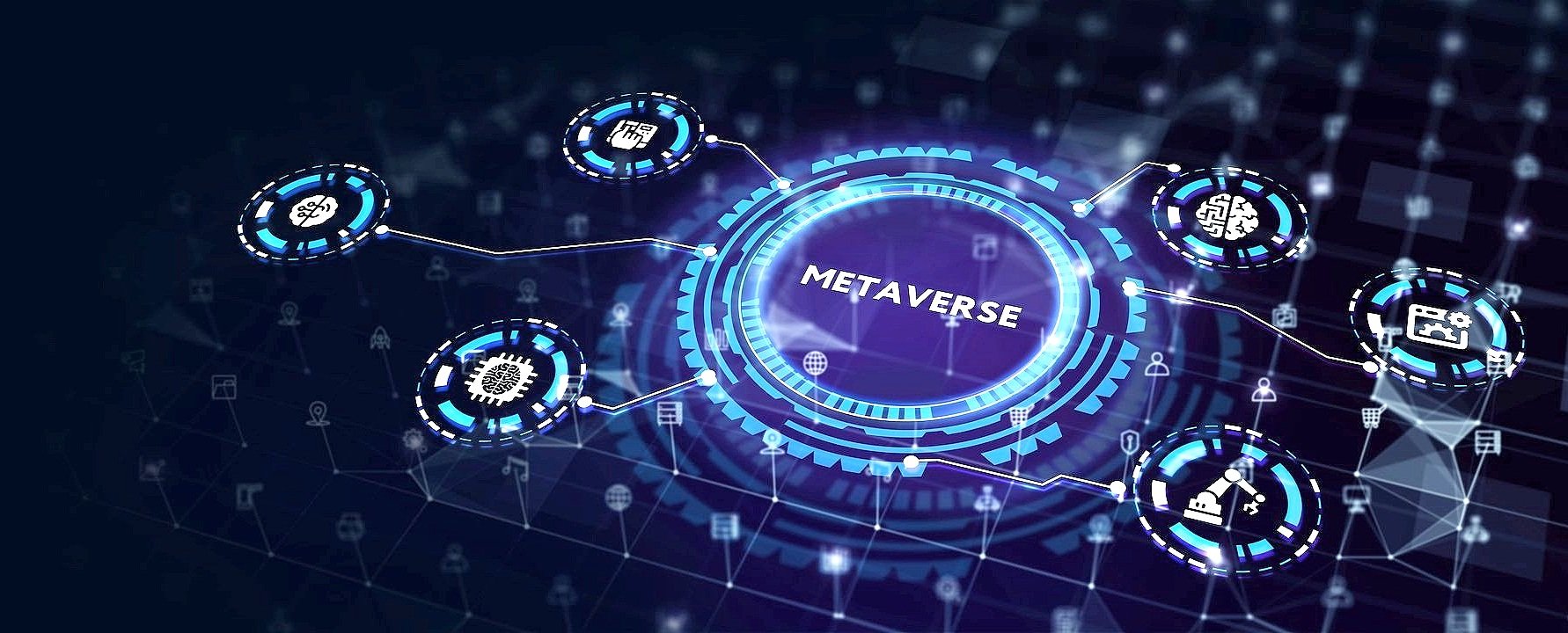 这张图片展示了一个以“METAVERSE”为核心的数字图形，周围是连接的各种科技和社交媒体符号，体现了元宇宙的概念。