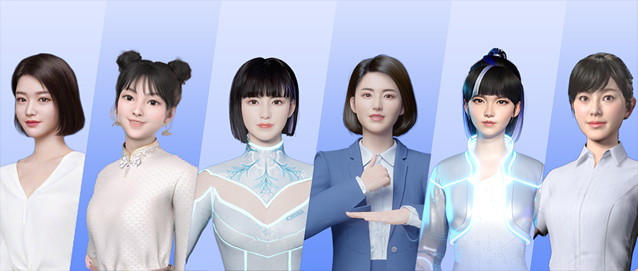 图片展示了六位不同发型和服装的女性形象，从左至右风格由现实转向未来科技感，体现了多样化的造型设计。
