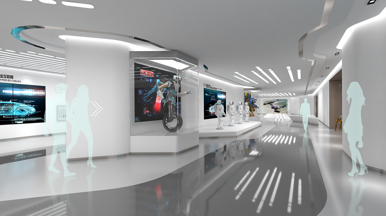 这是一张现代科技风格的展览厅渲染图，内有多个展示台和透明人影，墙上装有屏幕，整体色调以白色和蓝色为主。