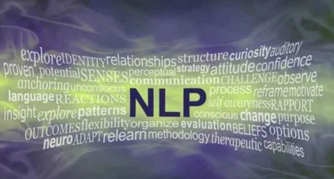 图片展示了一系列与NLP（自然语言处理）相关的英文关键词，背景为混合的蓝紫色渐变效果，给人一种科技感。