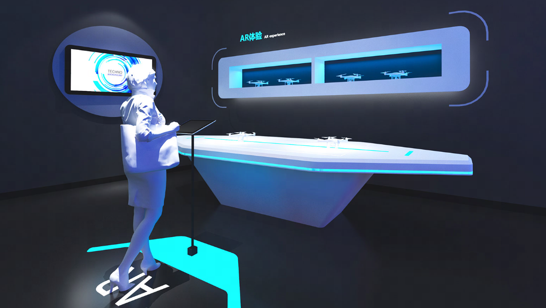 图片展示了一位站立的人物在使用未来风格的控制台，背景为蓝色调的高科技环境，墙上有屏幕显示飞行器图像。