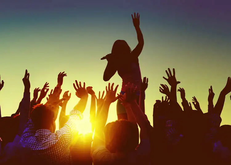 图片展示了一群人在日落时分举手欢呼，似乎在享受音乐节或某种户外活动，氛围活跃且快乐。
