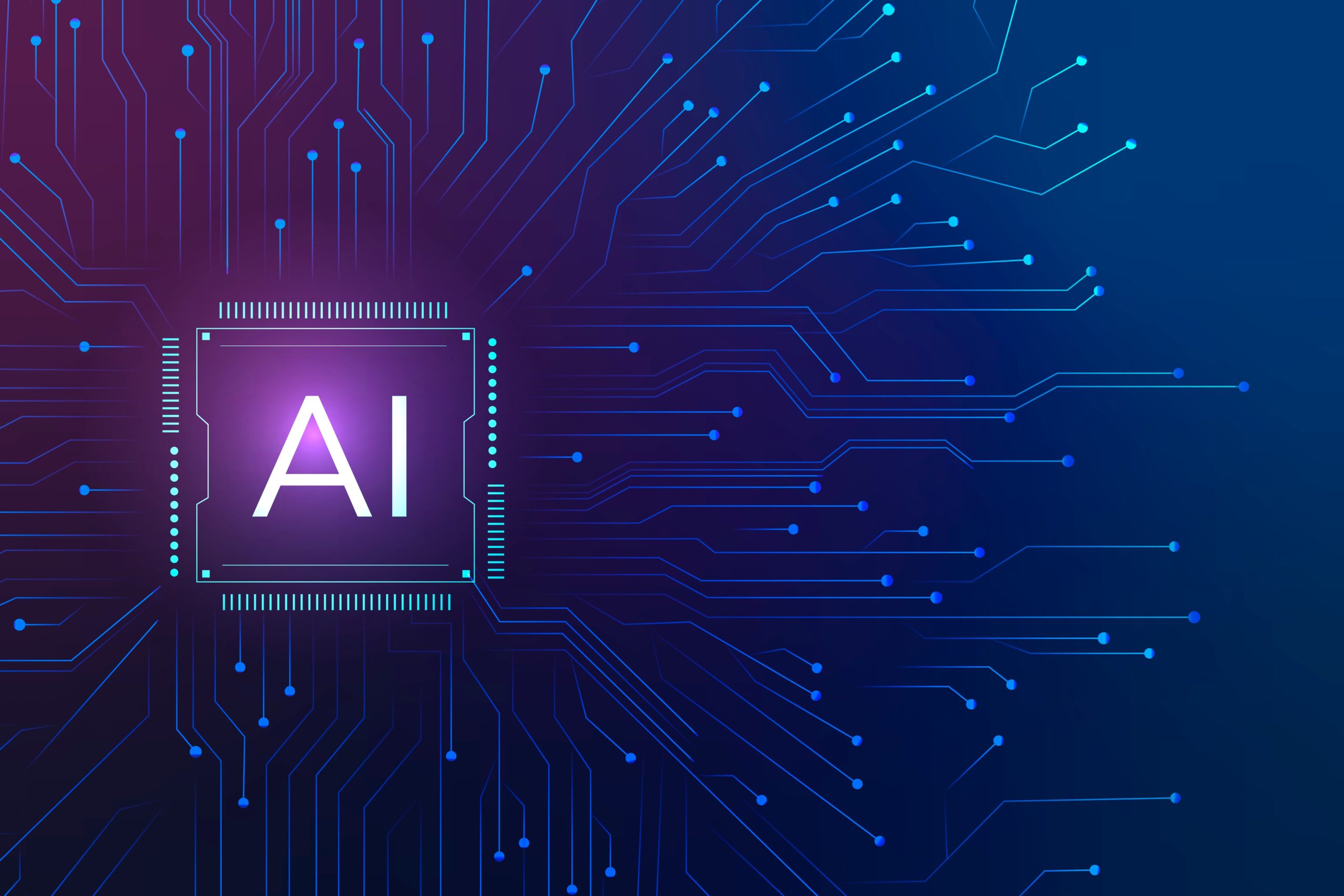 这张图片展示了一个代表人工智能的芯片图案，背景是蓝色的，上面有白色的电路板线路设计，中心写着“AI”。