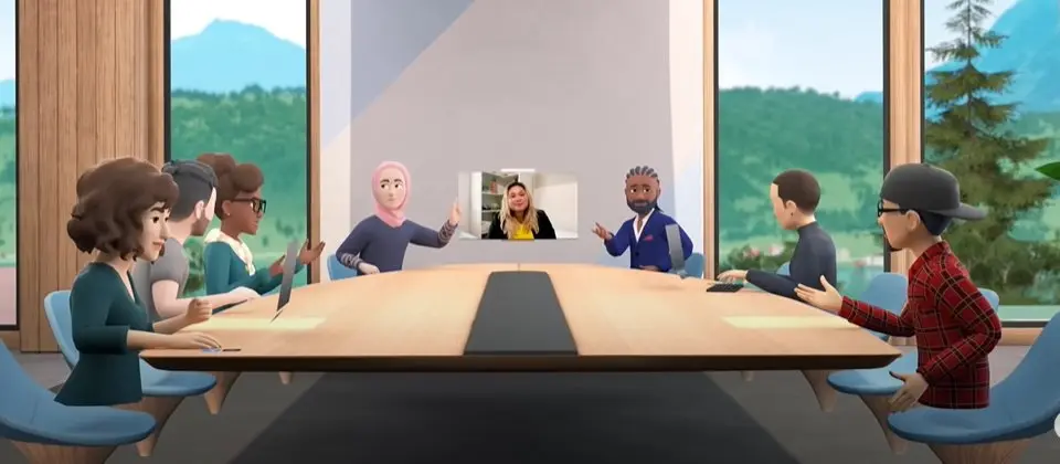 图片展示了一群卡通风格的虚拟角色围坐在会议室桌子旁，似乎在进行一次虚拟会议或交流。
